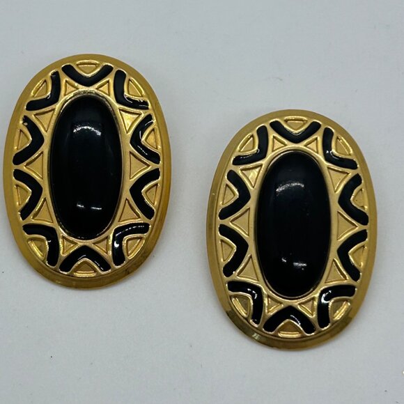 Vintage Pierced Earrings Black Cabochon 80s 90s Gold Tone Etruscan Revival - Picture 6 of 12